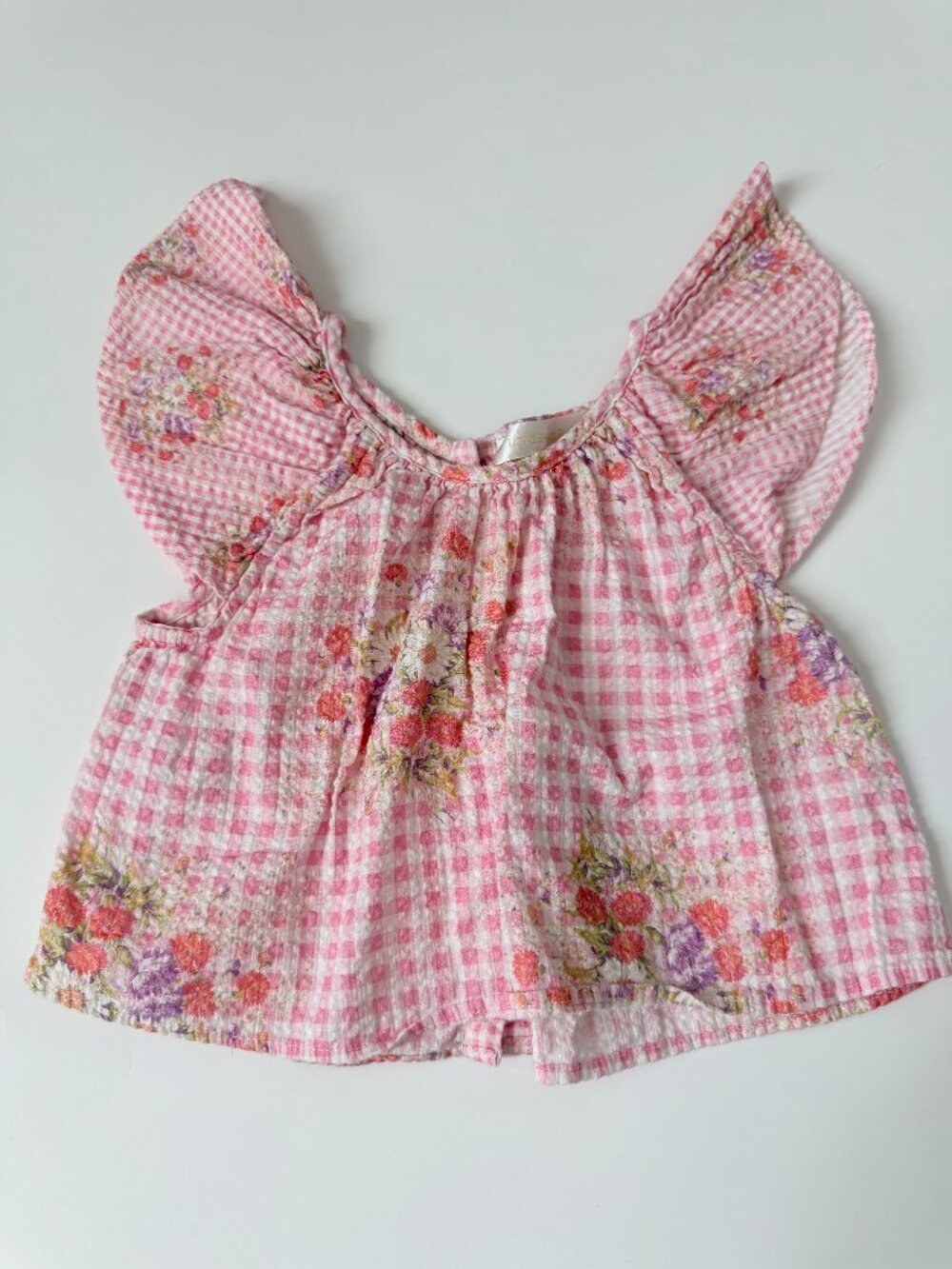 Love Shack Fancy Kids Pink Gingham Floral Tie-Front Crop Top Size 3-4Y